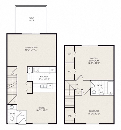 Floor plan for 2 beds, 1.5 baths, 1052 sqft